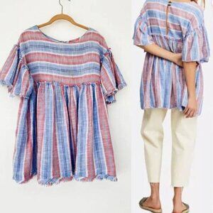Free People Boho Chic Summer Nights Striped Babydoll Tunic Top Oversize Flounce